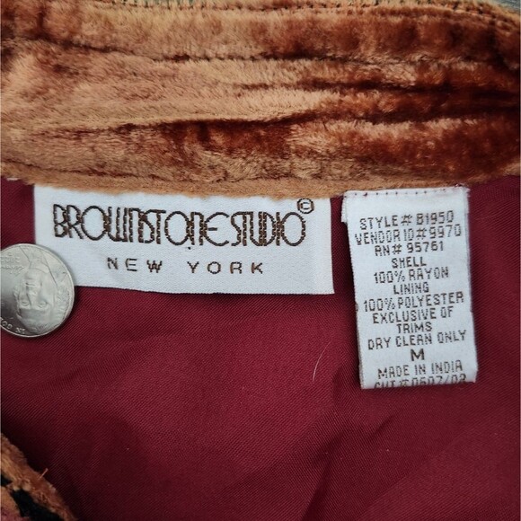 Brownstone Studio Brown Velvet Velour Patchwork Embroidered Blazer Jacket Sz. M - Picture 3 of 7